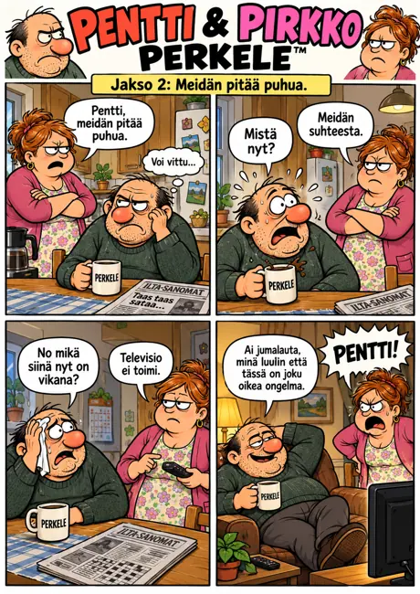 Pentti ja Pirkko riitelevät keittiössä